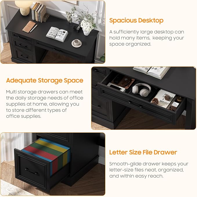 Farmhouse 47" Executive Desk with 3 Drawers and Adjustable File Drawer, Workspace for Home Office and Study, Pure Black.