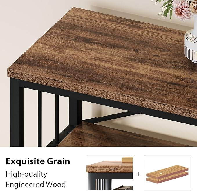 HSH Long Horizontal Bookshelf, Rustic Wood Low Etagere Bookcase for Bedroom, Industrial Metal 3 Tier Book Shelf for Living Room, Vintage Wide Open Large Bookshelves for Home Office, Brown, 63 Inch