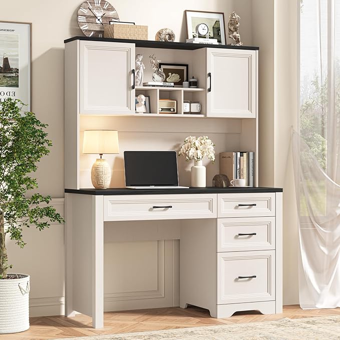 Farmhouse Executive Desk with 4 Drawers and Storage Cabinet, Rustic Large Home Writing Desk with Hutch, Workstation for Bedroom, Black.