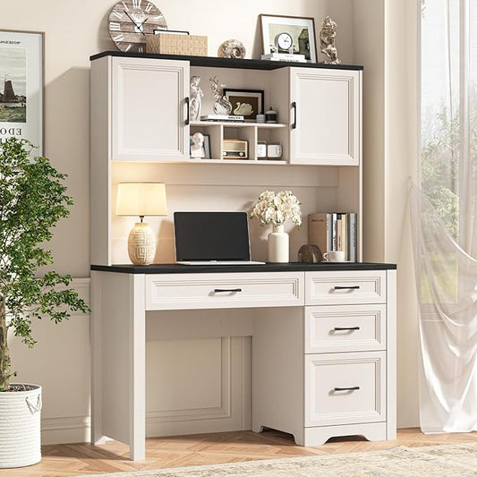Farmhouse Executive Desk with 4 Drawers and Storage Cabinet, Rustic Large Home Writing Desk with Hutch, Workstation for Bedroom, Black.