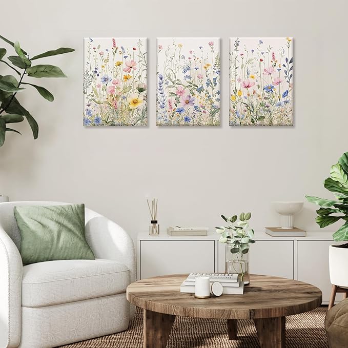 Bwodke Wildflower Wall Art Watercolor Botanical Floral Colorful Canvas Prints Set of 3 Modern Minimalist Flower Pictures Decor Painting Bedroom Bathroom Living Room Nursery 16"x24"