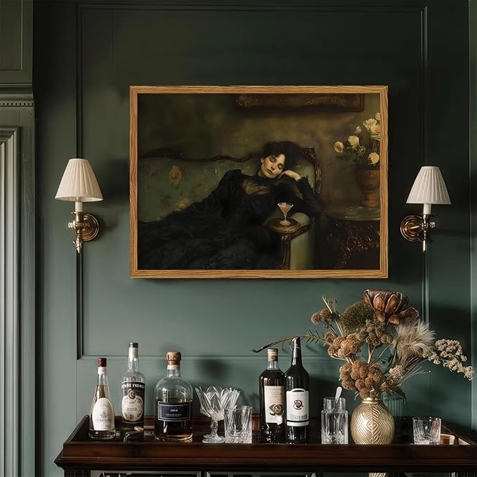 Framed Vintage Wall Art, Dark Academia Woman Martini Pictures Wall Decor, Victorian Feminine Lying on Couch Paintings Canvas Prints Moody Home Decor for Living Room Bedroom 16x24 inch