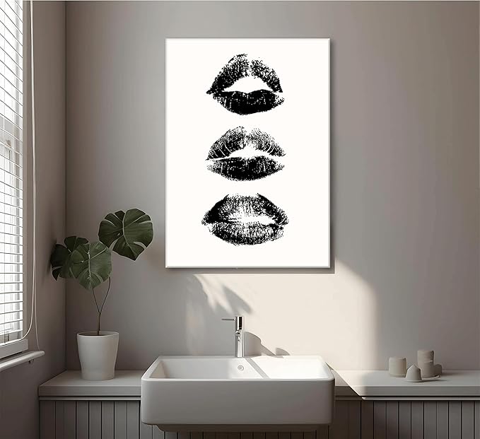 Vintage Black and White Kiss Lips Wall Art Girly Kiss Lips Prints Woman Makeup Room Posters Trendy Print Poster Funky Make Up Pictures Makeup Preppy Girly Dorm Room Canvas Decor Preppy Wall Decor