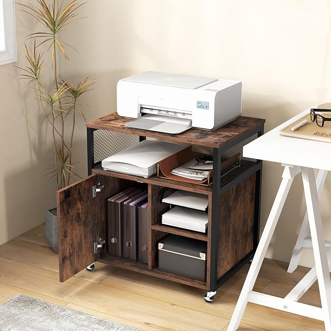 Giantex File Cabinet, Lateral Filing Cabinet with Lock, Wheels, Charging Station, Cable Hole, Lockable Side Cabinet, Adjustable Shelves, Metal Frame, Printer Stand for Home Office Small Space (Brown)