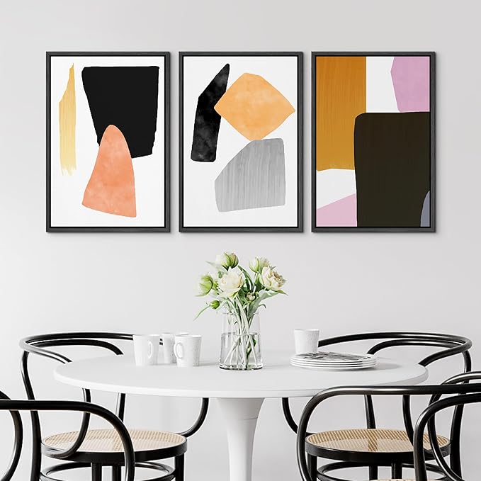 SIGNFORD Framed Wall Art Print Set Orange, Black & Purple Polygons Abstract Shapes Digital Art Modern Art Contemporary for Living Room, Bedroom, Office - 16"x24"x3 Black