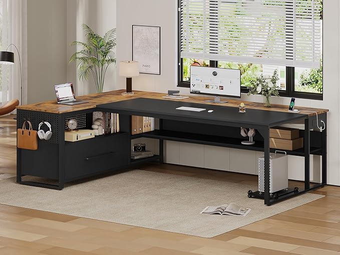 71" Executive Desk, Large Office Desk with Widen File Drawers & Power Outlets, Reversible L Shaped Computer Desk Corner Desk with Storage Shelves, CPU Stand, Hooks, Business Furniture