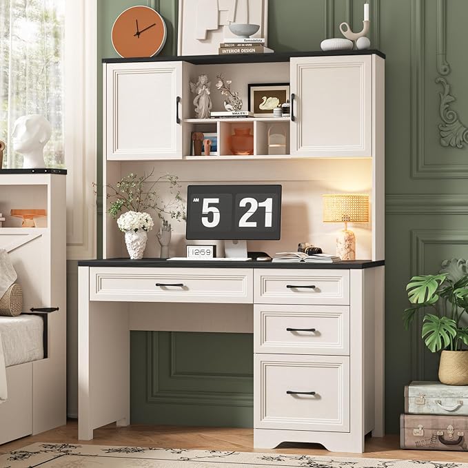 Farmhouse Executive Desk with 4 Drawers and Storage Cabinet, Rustic Large Home Writing Desk with Hutch, Workstation for Bedroom, Black.