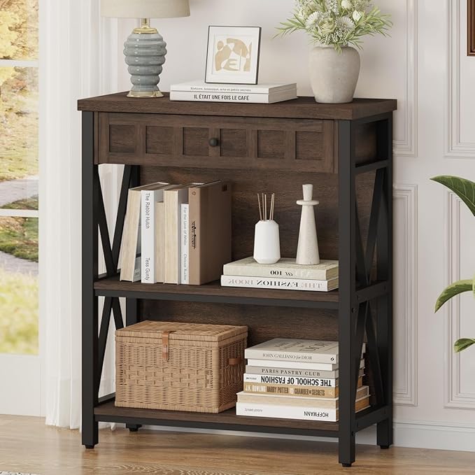 FATORRI Small Bookcase with Drawer, Industrial 3 Shelf Bookshelf, Wood and Metal Book Shelf, Short Book Shelves and Low Book case for Small Space (Rustic Brown)