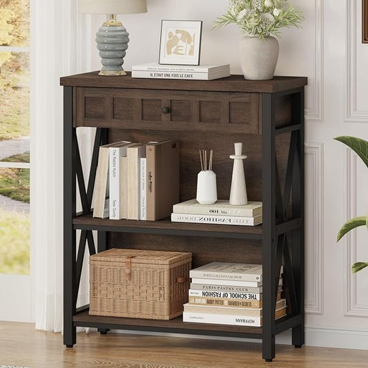 FATORRI Small Bookcase with Drawer, Industrial 3 Shelf Bookshelf, Wood and Metal Book Shelf, Short Book Shelves and Low Book case for Small Space (Rustic Brown)