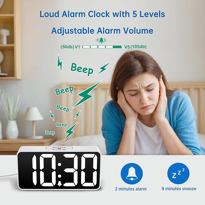 DreamSky Small Digital Alarm Clock for Bederoom, RGB Large Big Numbers Display with Dimmer for Living Room, Electric Bedside Desk Clock with USB Charging Port, Adjustable Volume, USB-C Adapter Powered