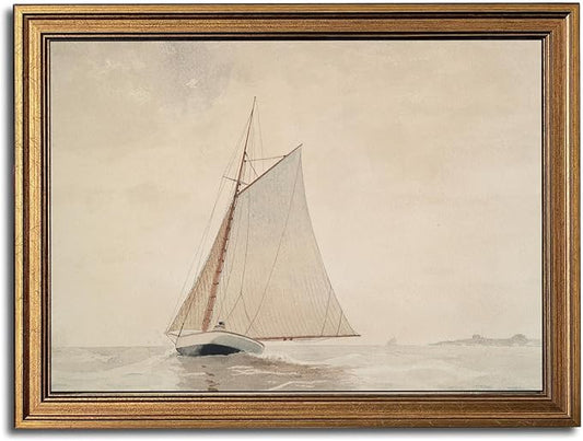 Gold Framed Wall Art Vintage Canvas Wall Art White Sailboat Seaview Seascape Artwork Prints Picture for Living Room Bedroom Farmhouse Bathroom Office Decor, 12x16