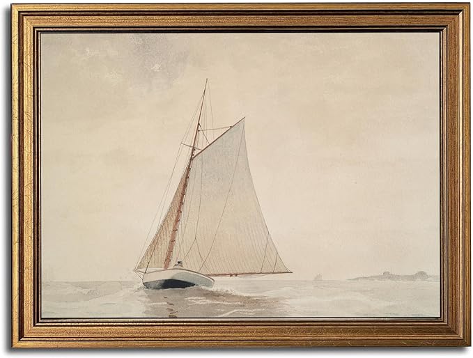 Gold Framed Wall Art Vintage Canvas Wall Art White Sailboat Seaview Seascape Artwork Prints Picture for Living Room Bedroom Farmhouse Bathroom Office Decor, 16x24