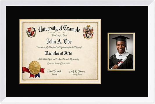 CountryArtHouse Fits 15 x 12 Military/Government and 5 x 7 Photo Diploma and Photo Frame Bright White Genuine Hardwood with Black Over Metallic Gold Double mat