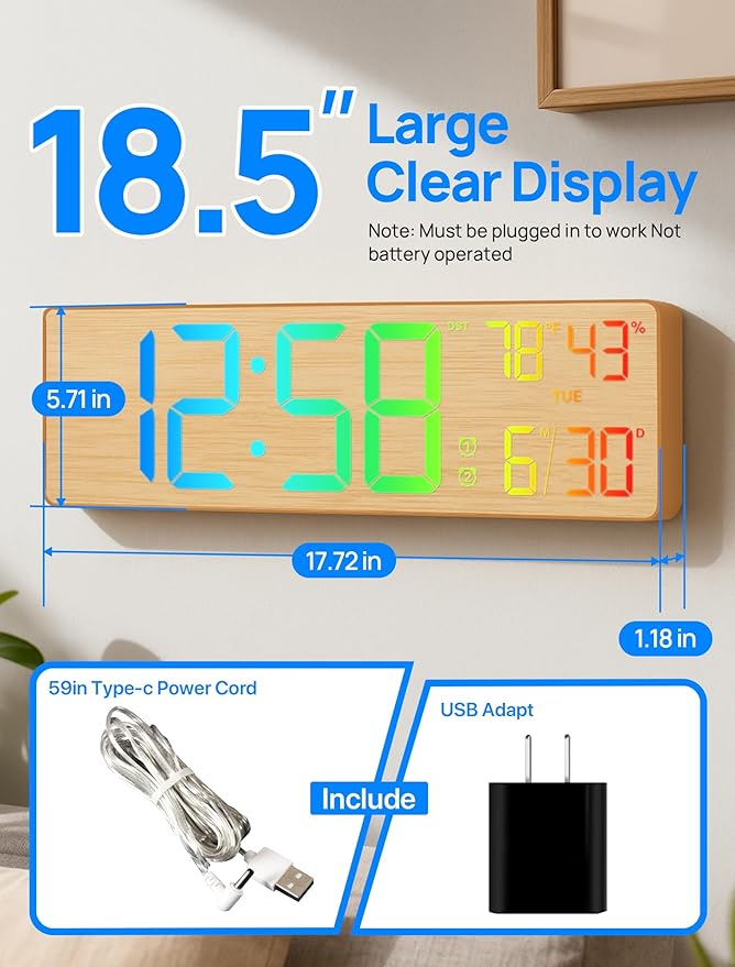 2026 Upgrade 18.5" Large Digital Wall Clock with Remote Control, Big LED Display Digital Clocks with Night Light, Alarm, Countdown, DST, Temp for Parlor, Bedroom, Office, Gifts for Seniors(Light Wood)