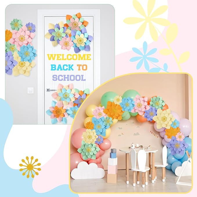 18 Pcs Paper Flowers Decor for Wall DIY Flower Bulletin Board 3D Spring Fiesta Mexican Paper Floral Decoration for Photo Backdrop Classroom Back to School Party(Lotus-Shaped,Bright)