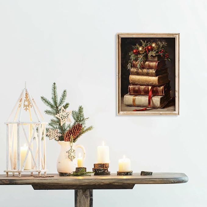 uniro Vintage Rustic Christmas Print Retro Xmas Book Art Oil Painting Dark Academia Decor Winter Farmhouse Holiday Wall Decor for Bedroom, Living Room, Gallery, winter Room Decor, Holiday Decoration Gifts( 8" x 10"-UNFRAMED)