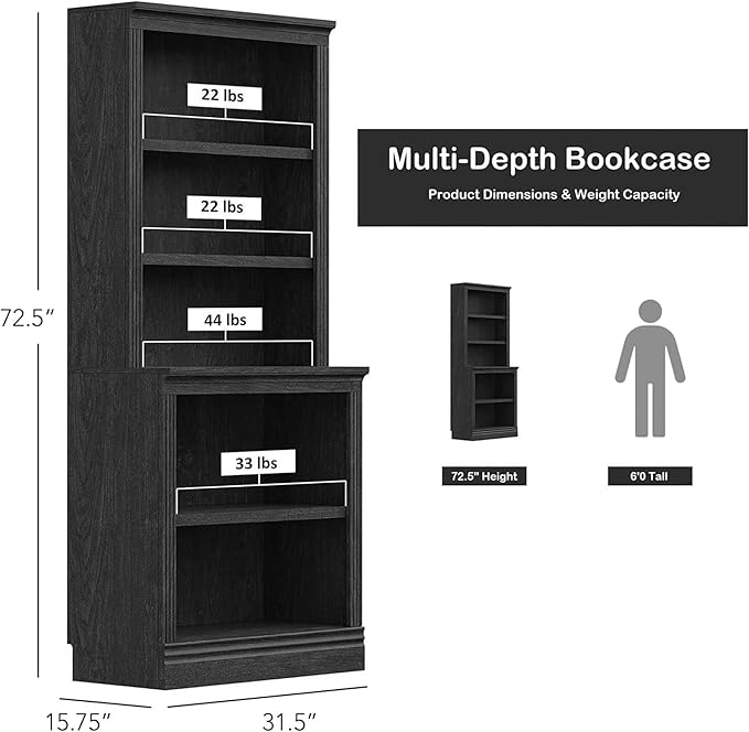 JAHRSTIM Halston Multi-Depth Bookcase, Adjustable Storage Open Display Shelving Unit for Home and Office Space, 15.75”L x 31.50”W x 72.50”H, Black