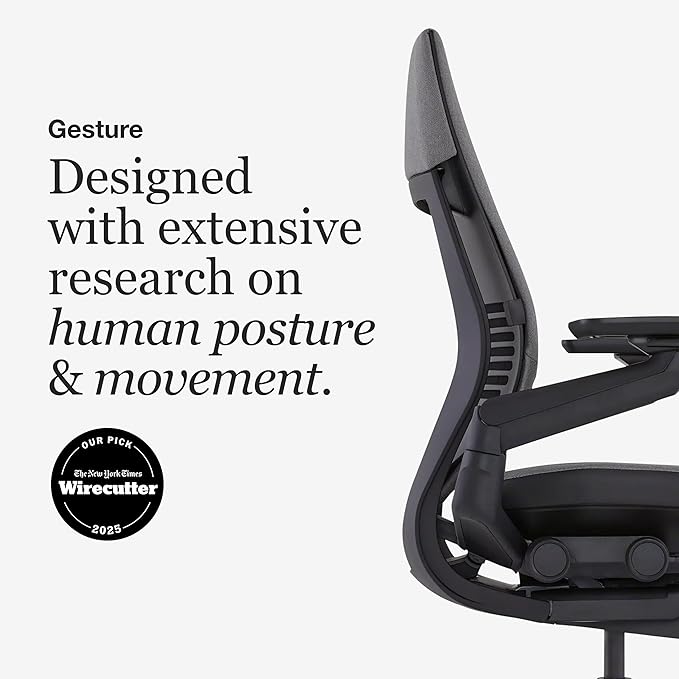 Steelcase Gesture Office Chair - Ergonomic Work Chair with Wheels for Carpet - Comfortable - Intuitive-to-Adjust for Desk - 360-Degree Arms - Licorice Fabric, Dark Frame