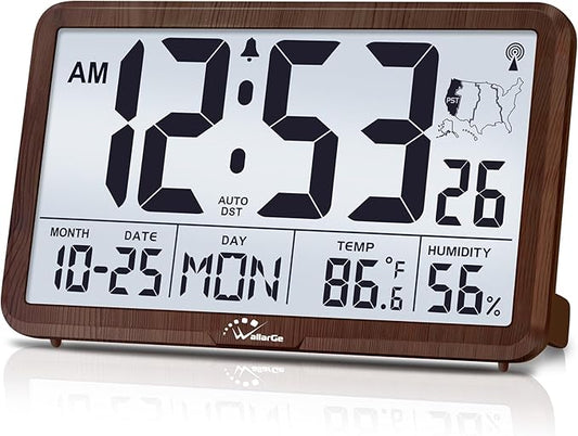 WallarGe Atomic Wall Clock with Backlight, Digital Wall Clock Battery Operated for Classroom, Bedroom, Office, Large Display with Indoor Temperature, Humidity, Date, AUTO DST, 6 Time Zones