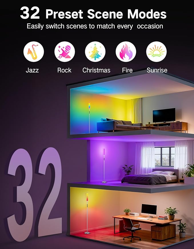 OUTON Corner Floor Lamp with Remote, Touch & App Control, RGB Color Changing Standing Lamp with 32 Modes, 360 Lighting, 3 Color Temperatures, Dimmable 66 in Tall Lamp for Living Room Bedroom,Grey