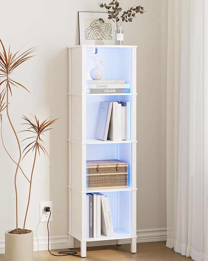 Bookshelf with LED Lights, Modern 4-Tier Bookcase, Open Storage Book Shelf, 11 × 14.2 × 50.4 Inches, Small Narrow Bookshelves for Living Room, Home Office, Bedroom, White