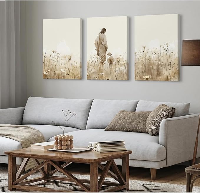 Jesus Leaves the 99 Sheep Wall Art Christian Canvas Poster Jesus and Lamb Wall Decor Religious Pictures Lost Sheep Painting God Christ Painting Artwork for Bedroom Living Room 16x24x3 Inch Ready to Hang