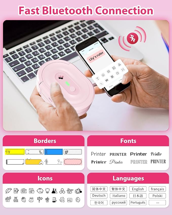 Label Maker Machine with Tape, N12 Portable Bluetooth Label Printer, Wireless Mini Label Makers Thermal Sticker with Multiple Templates for Home, Kitchen, School, Office Organization, Pink