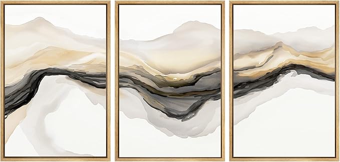 SIGNWIN Framed Canvas Print Wall Art Set Gold Gray Smoke Wave Landscape Abstract Shapes Illustrations Modern Art Decorative Contemporary Colorful for Living Room, Bedroom, Office - 24"x36"x3 Natural