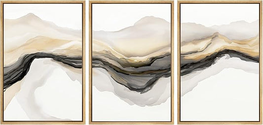 SIGNWIN Framed Canvas Print Wall Art Set Gold Gray Smoke Wave Landscape Abstract Shapes Illustrations Modern Art Decorative Contemporary Colorful for Living Room, Bedroom, Office - 24"x36"x3 Natural