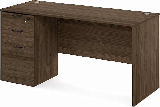 Furinno Roger 60 Inch Executive Desk with File Cabinet, Home Office Desk with 3-Drawer Fixed Pedestal Filing Cabinet, Desk Cord Grommet, for Home Office, Modern Walnut