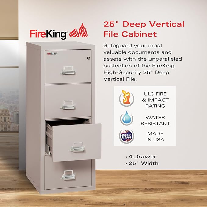 Fireking Fireproof Vertical File Cabinet (4 Letter Sized Drawers, Impact Resistant, Water Resistant), 52.25" H x 17.75" W x 25.06" D, Platinum