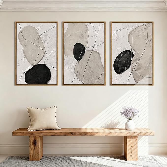 ANHUIB Neutral Abstract Wall Art Canvas,Mordern Geometric Wall Decor Framed,Contemporary Minimalist Artwork, Black Beige Canvas Prints, 3 Piece 24 * 36IN Painting for Living Room Bedroom Office