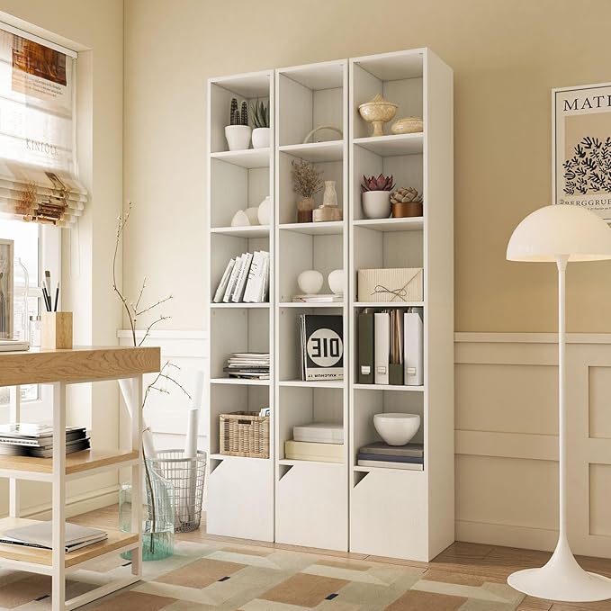 IBUYKE 6 Tier Narrow Bookcase with Doors, Cube CD DVD Storage Cabinet,Slim Media Tower Rack,Cabinet,White Bookcase Display Storage Shelves for Small Spaces,for Home Office White UWBC001W