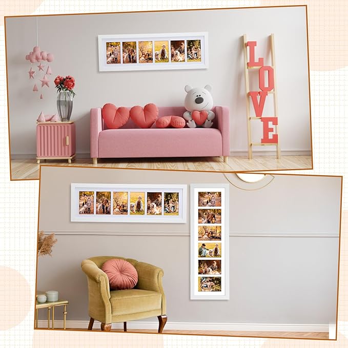 Chunful 2 Pcs 28.4 x 9.5 Inches Collage Picture Frames for Wall Multiple 4 x 6 Inch Wood Picture Frame Display 6 Opening Multi Photo Frame with Acrylic Screens Horizontal and Vertical(White)