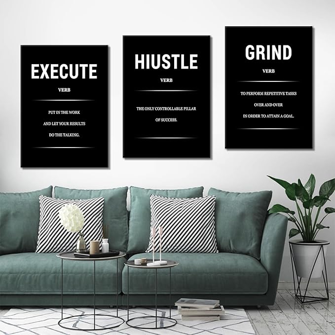 Grind Hustle Execute Motivational Canvas Wall Art Inspirational Office Poster Wall Decor Picture Painting Discipline Quotes Artwork for Modern Home Living Room Workplace Ready to Hang [60''Wx28''H]
