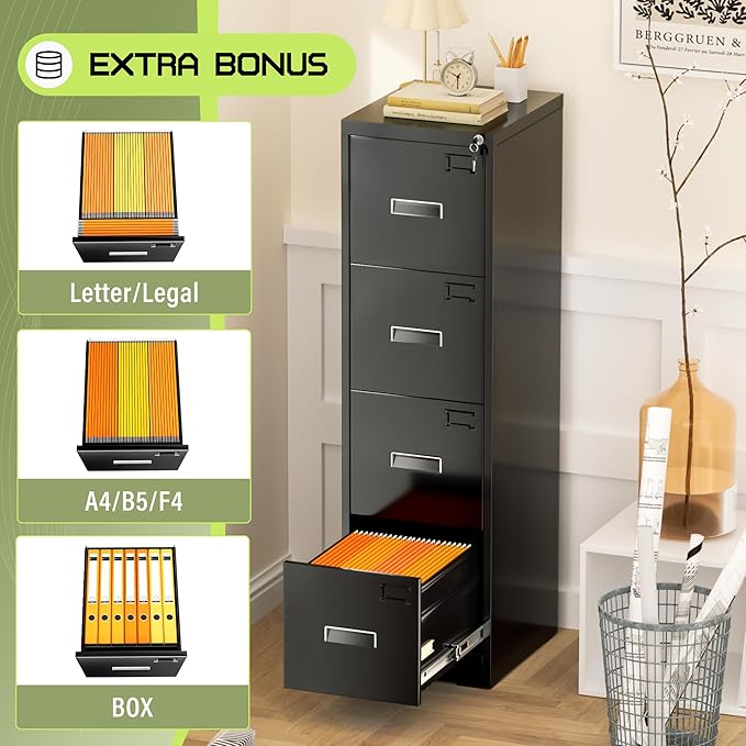 Incbruce 4 Drawer File Cabinet, Metal File Storage Cabinet with Lock, Vertical Filing Cabinet with Adjustable Hanging Frame for Home Office, Easy Assemble (Black)