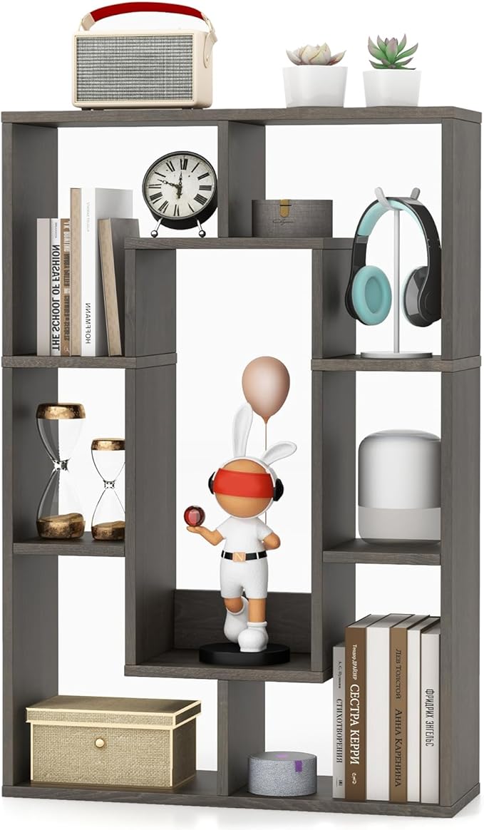 Tangkula 35.5” Geometric Bookshelf, Freestanding Wood Open Bookcase with 7 Cubes, Anti-Toppling Devices, Home Office Décor Rectangular Storage Shelf Display Rack for Study Living Room (1, Gray)