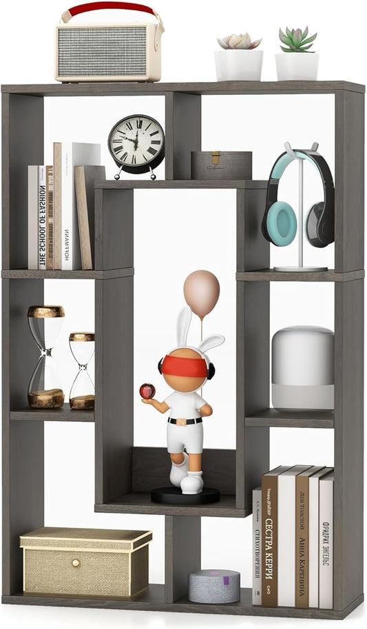 Tangkula 35.5” Geometric Bookshelf, Freestanding Wood Open Bookcase with 7 Cubes, Anti-Toppling Devices, Home Office Décor Rectangular Storage Shelf Display Rack for Study Living Room (1, Gray)