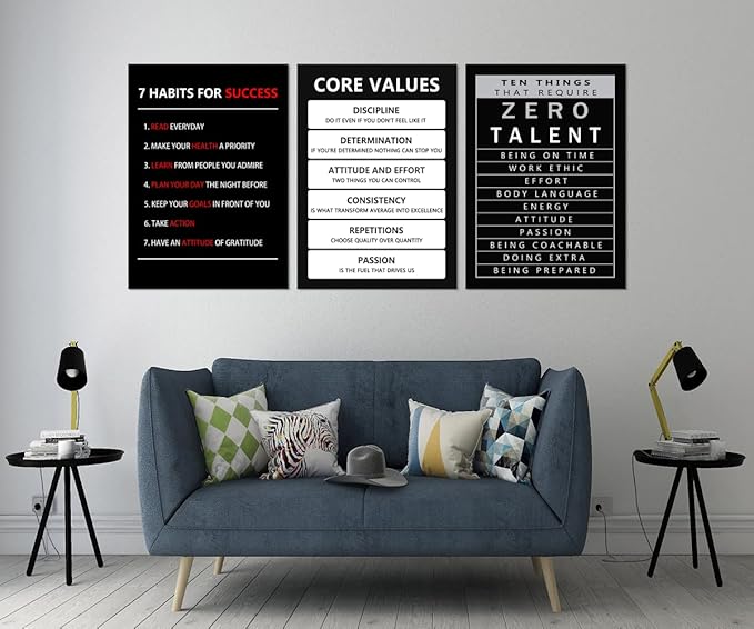 Core Values Inspirational Canvas Wall Art 3 Pieces Poster Motivational Ten Things That Require Zero Talent Canvas Artwork Picture Print Framed for Home Office Living Room Gym Wall Decor [60''Wx 28''H]