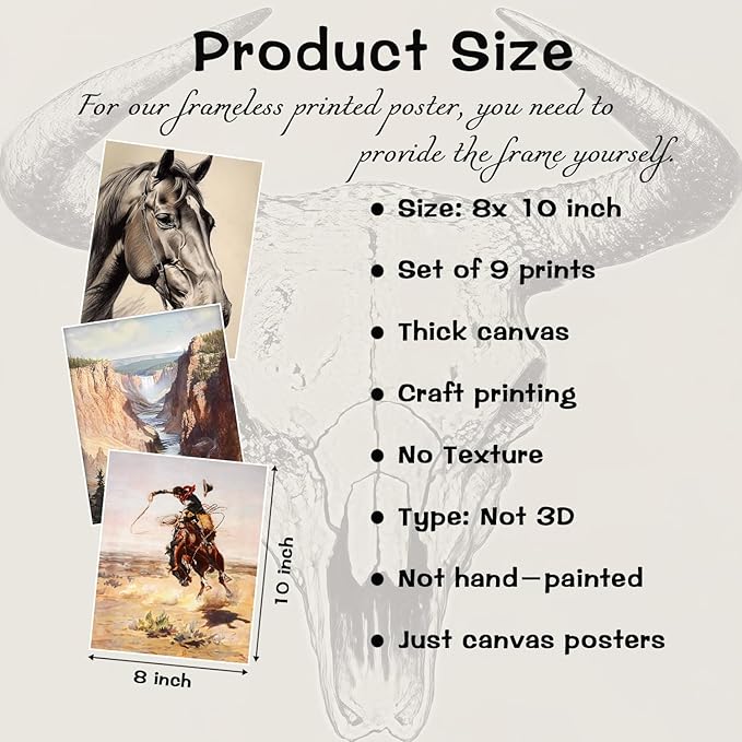 Western Desert Cowboy Posters Wall Art Set of 9, Boho Western Ranch Canvas Wall Decor Prints, Farmhouse Collage Aesthetic Pictures for Bedroom Bathroom Gallery Office Home Decoration 8x10in Unframed