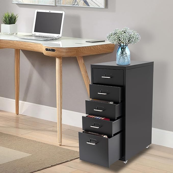 5 Drawer Mobile File Cabinet, Metal Mobile Filing Cabinets with Lock, Storage Organization with Wheels Vertical Filing Chest Rolling Wood for Home Office to Organization Hanging Letter/Legal/F4/A4