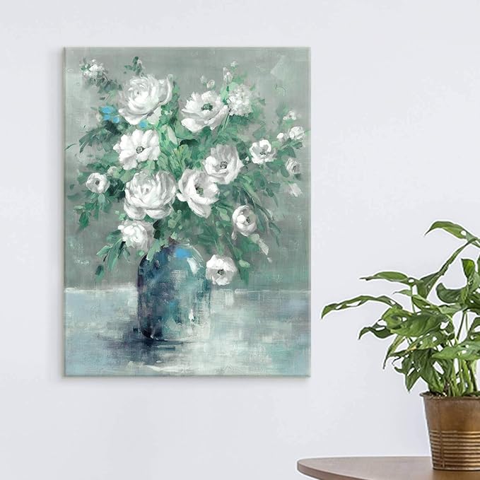 UTOP-art Floral Canvas Wall Art Painting White Rose Flower Green Leaves Hand Painted Texture Picture Artwork For Bedroom Plant Wall Decor Bathroom Walls Office(18'' x 24'' x 1 Panel)
