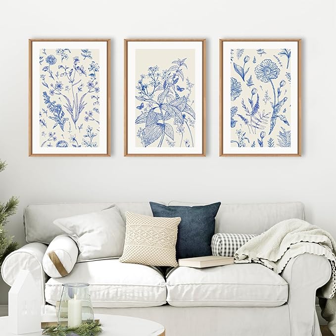 KAIRNE Blue and White Floral Wall Art Set of 3, Chinoiserie Framed Canvas Art Prints, Navy Watercolor Botanical Flower Painting, Wildflower Decor for Living Room, Bedroom, Bathroom, Home - 16x24 Inch