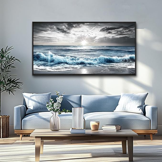 KELIYUAN Wall Decor For Living Room Canvas Wall Art For Bedroom Office Black And White Pictures Beach Wave Scenery Murals Artwork For Modern Stretched and Framed Beach Posters Home Decor 20"X40"