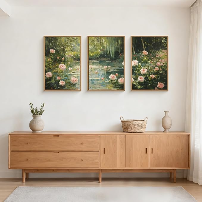 Aryroi Water Lilies Monet Framed Canvas Wall Art Set,Garden Pond Impressionist Floral Wall Decor,Vintage Oil Green Vibrant Flower Botanical Artwork for Living Room, Bedroom,Farmhouse- 24"x36"x3