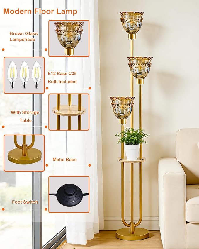 Lightdot 3-Lights Glass Floor Lamp for Living Room Mid Century Modern Gold Floor Lamp with Amber Glass Shade & 3000K Bulbs Included Tall Standing Lamp for Bedroom/Sofa Beside/Corner Decor