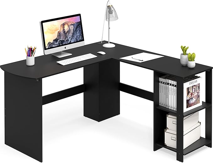 SHW 51 x 51 Inches L-Shaped Home Office Wood Corner Desk wtih Storage, Black