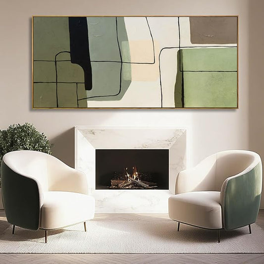 Large Abstract Canvas Wall Art 32x70 Inch, Green Beige Neutral Framed Wall Art, Modern Horizontal Canvas Wall Art with Wooden Frame for Living Room Home Decor