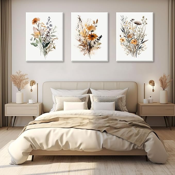 Bwodke Framed Wildflower Wall Art Colorful Botanical Floral Poster Canvas Prints Set of 3 Minimalist Watercolor Flower Pictures Vintage Farmhouse Decor Painting Bedroom Bathroom Living Room 12"x16"