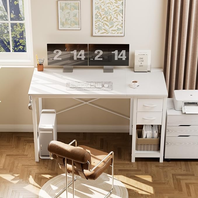 Sweetcrispy 40 Inches Computer Desk with Drawers, Home Office Writing Desk with X-Shaped Reinforcement, Modern Study Work Table with Side Hook, Sturdy Metal Frame, White